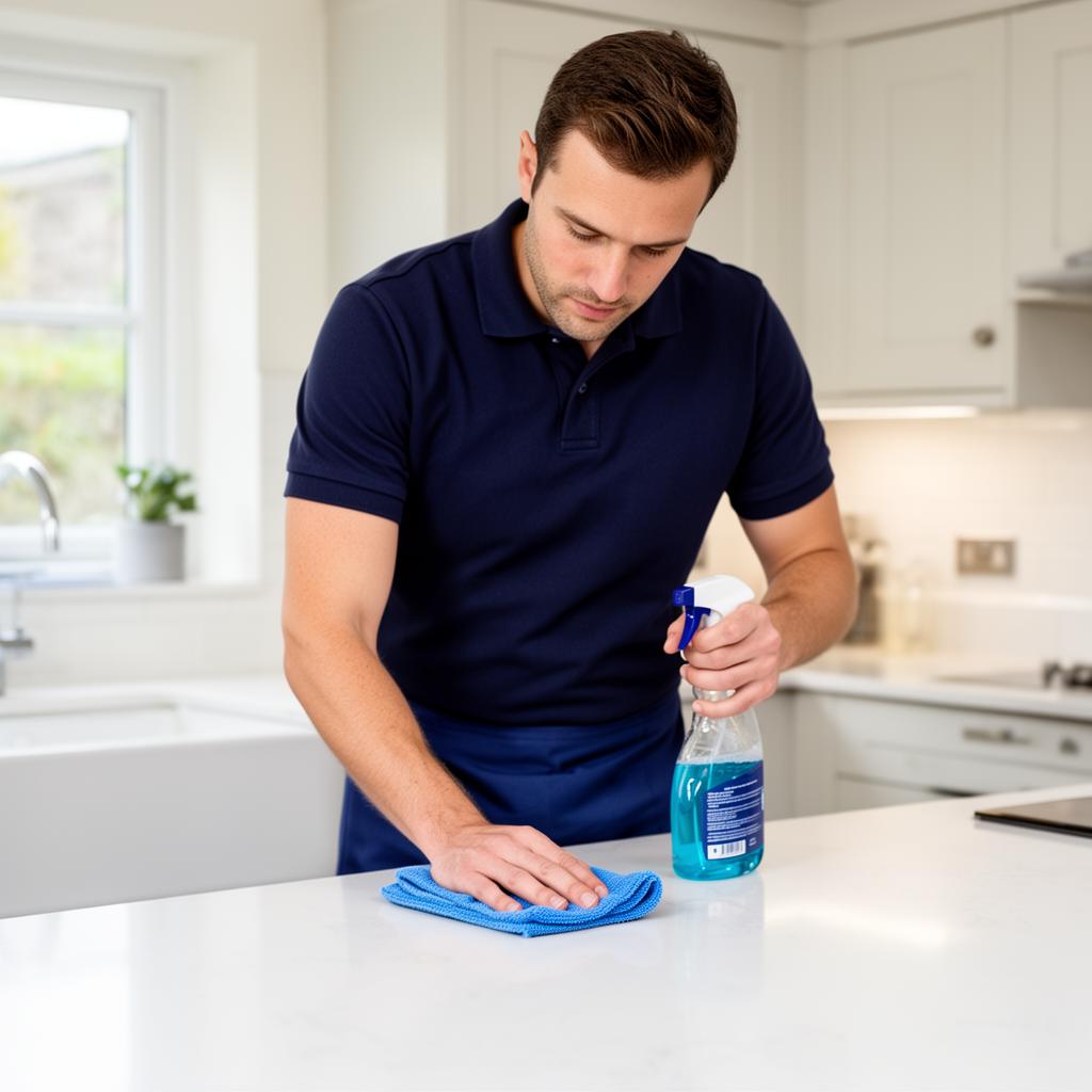 Stratus cleaner polishing a kitchen counter in a bright UK home